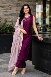 Women Wine Zari Embroidered Kurti Pant Set with Dupatta 151-314