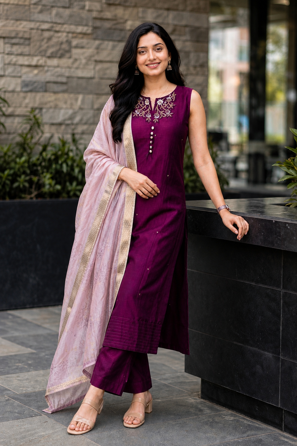 Women Wine Zari Embroidered Kurti Pant Set with Dupatta 151-314