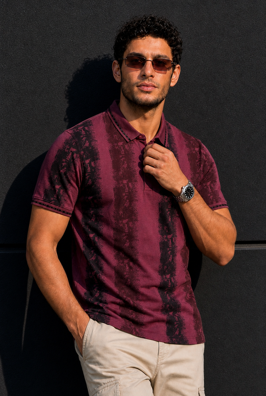 Men Black & Wine Printed Tipped Collar Polo T-Shirt With Snap Buttons ATL86624