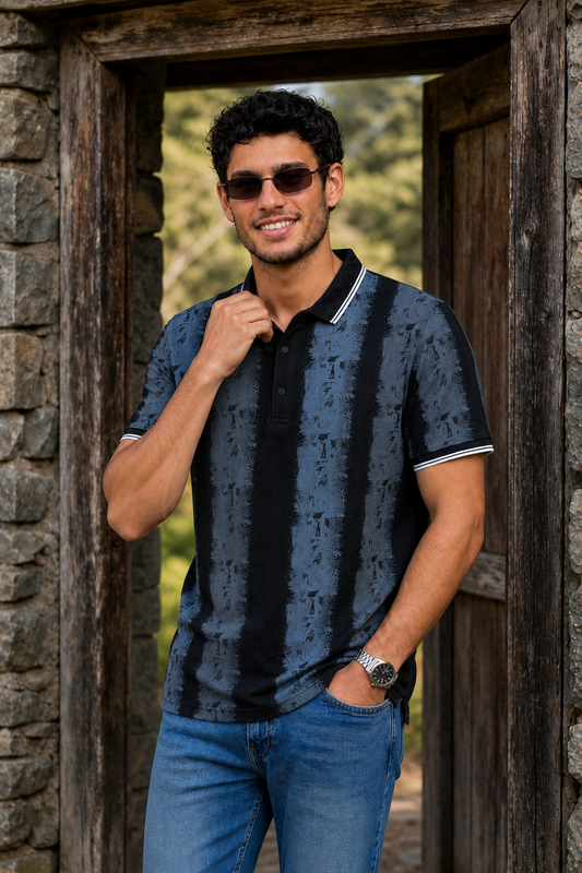 Men Black & Blue Printed Tipped Collar Polo T-Shirt With Snap Buttons ATL86624