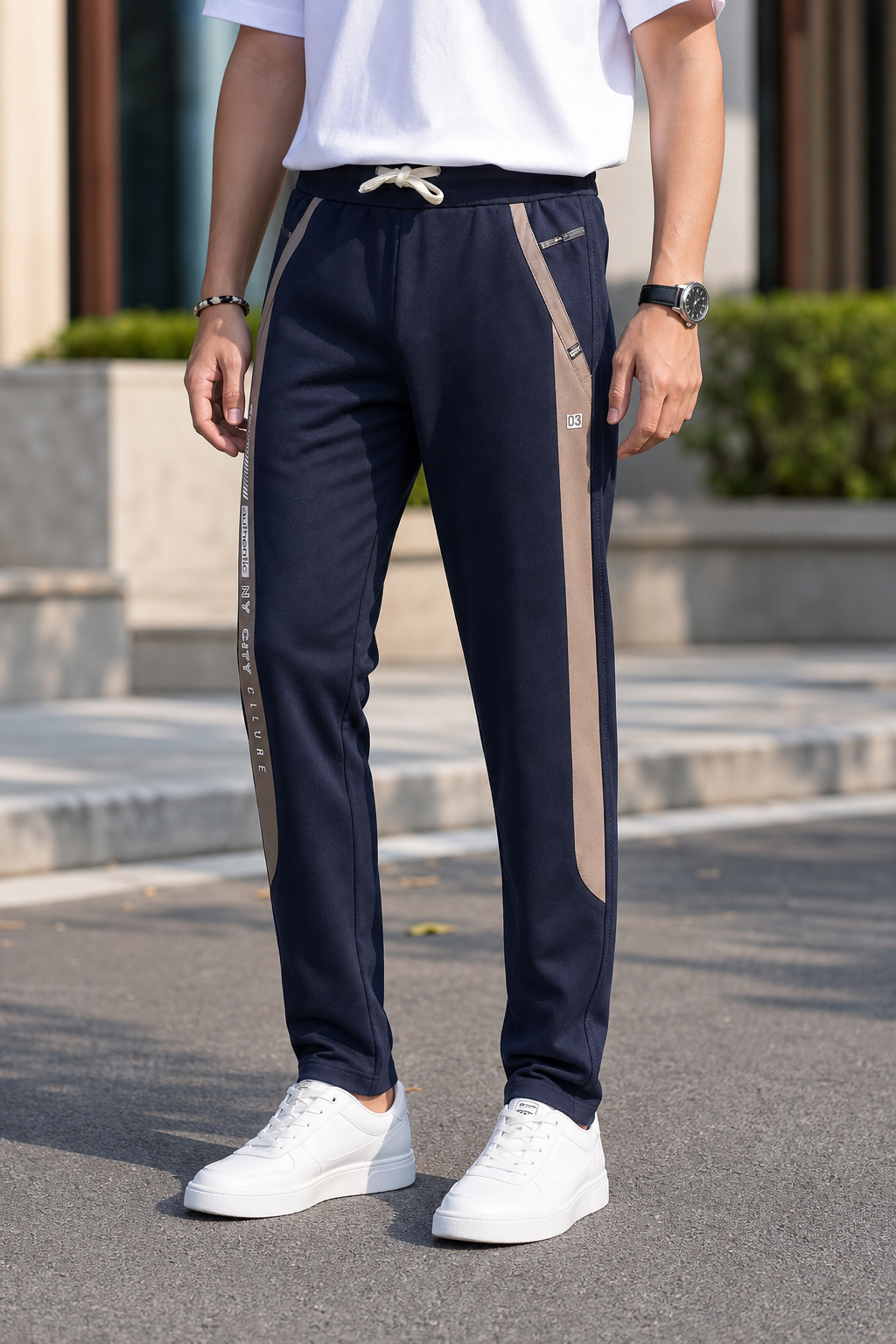 Men Casual & Gym Wear Track Pants – Navy Blue Slim Fit with Side Zipper 106