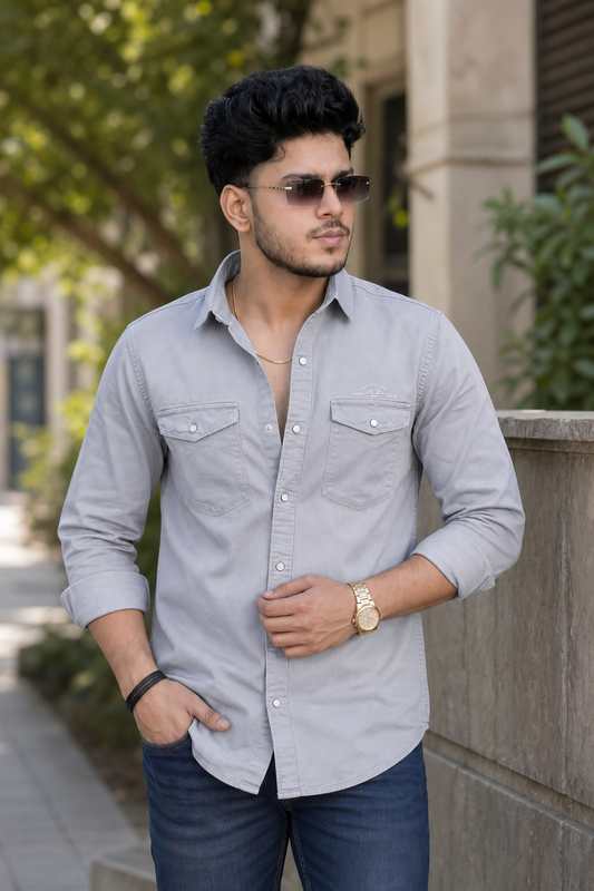 Men Grey Double Pocket Casual Shirt | Snap Button Denim Shirt