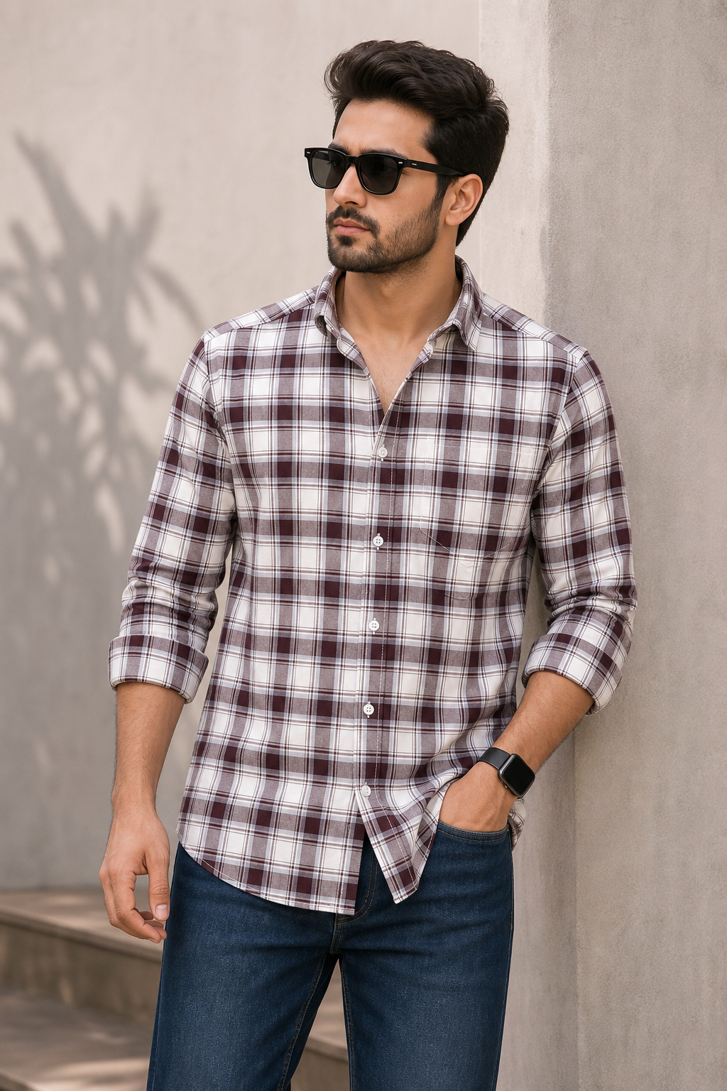 Wine White Check Shirt for Men | Casual Fit