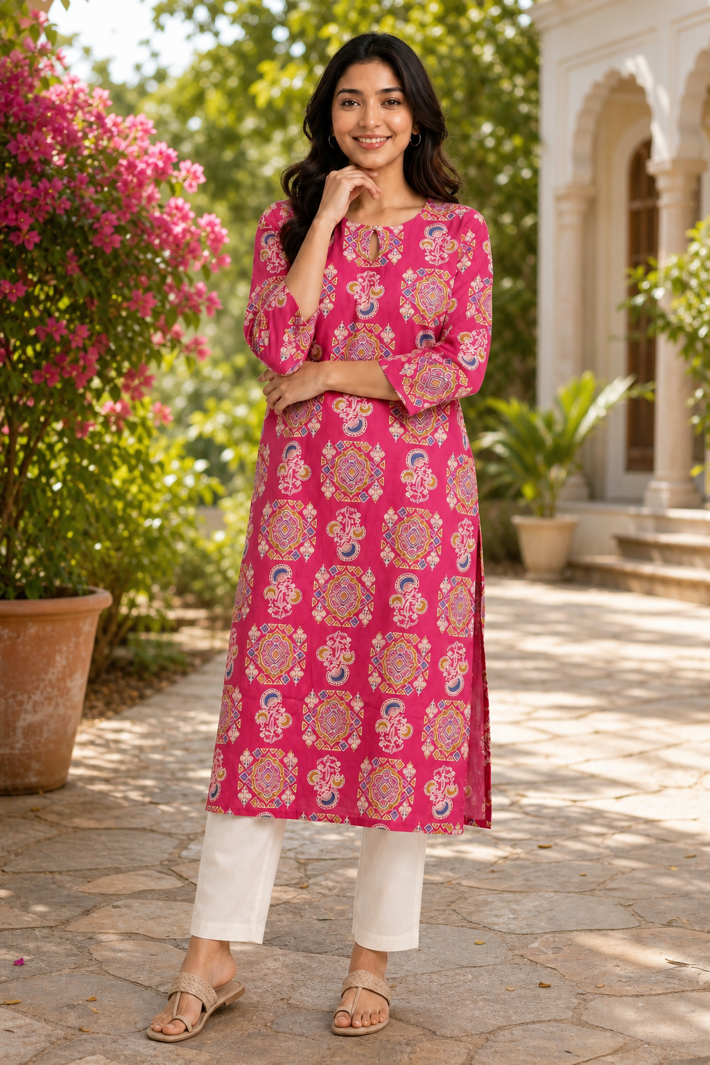 Women Pink Cotton Kurti with Mandala Ajrakh Block Print - Front View