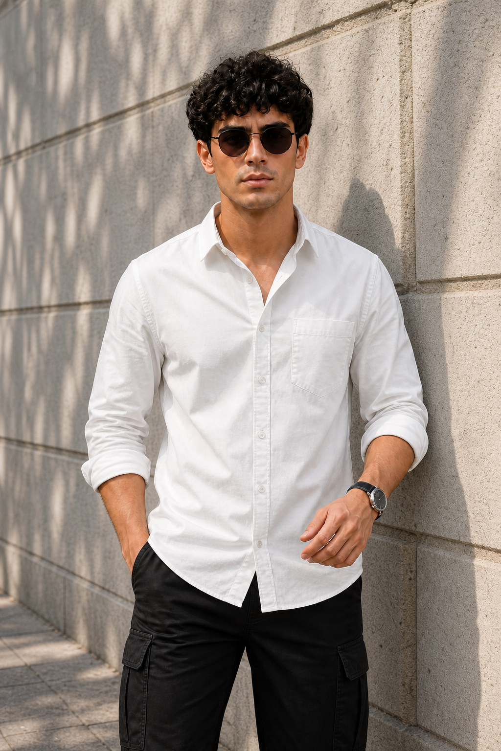 Men Solid White Premium Cotton Long Sleeve Shirt GIZA