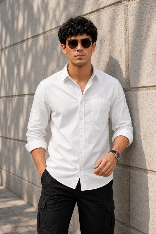 Men Solid White Premium Cotton Long Sleeve Shirt GIZA