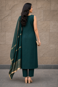 Women Olive Embroidered V-Neck Kurti & Pant Dupatta Set 151-314
