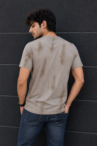 Men Beige Embossed Geometric Printed Round Neck T-Shirt ATL80207