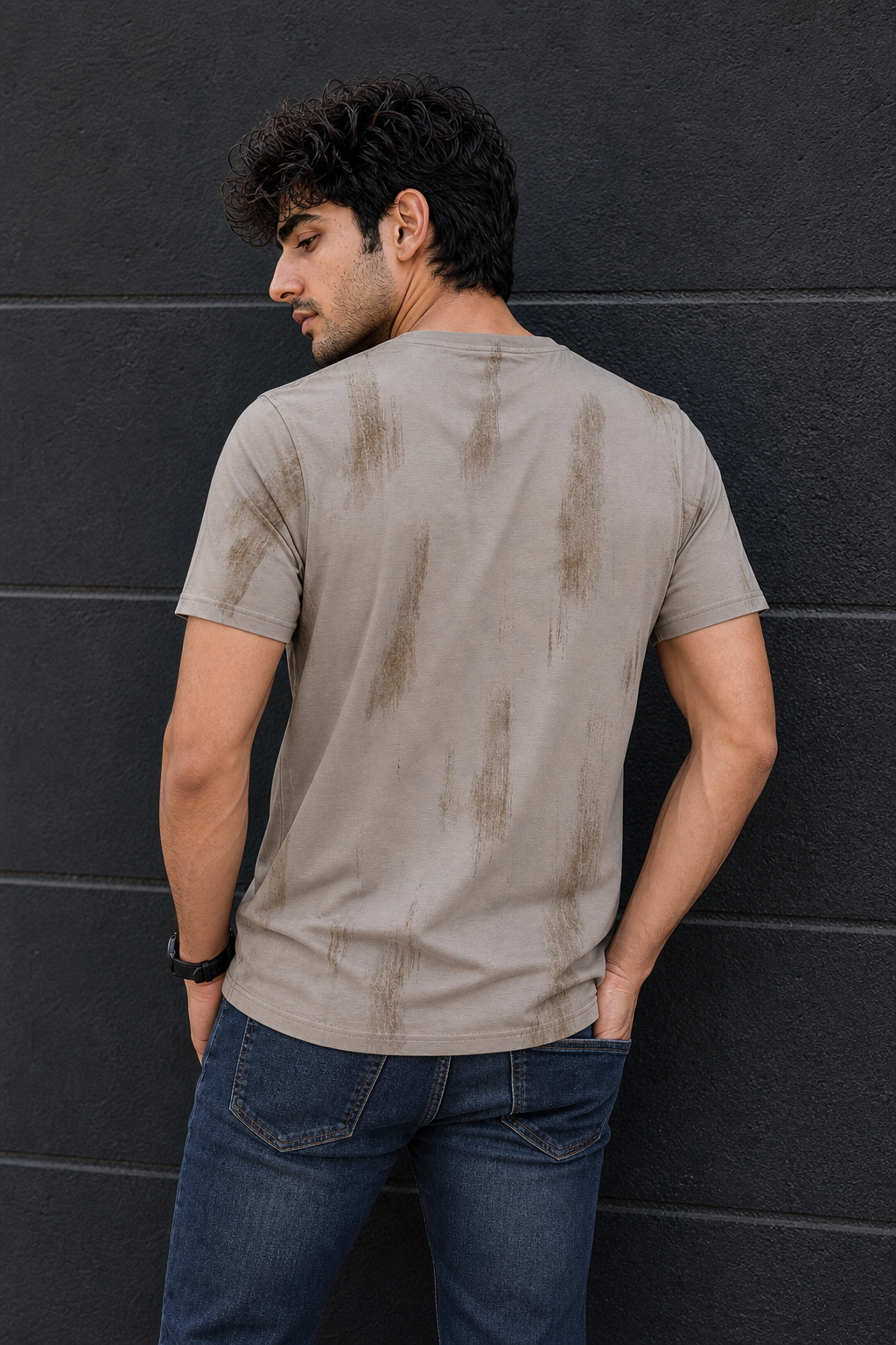 Men Beige Embossed Geometric Printed Round Neck T-Shirt ATL80207