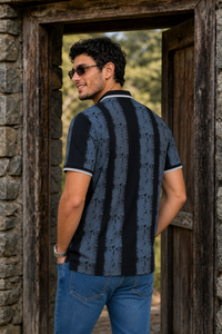 Men Black & Blue Printed Tipped Collar Polo T-Shirt With Snap Buttons ATL86624