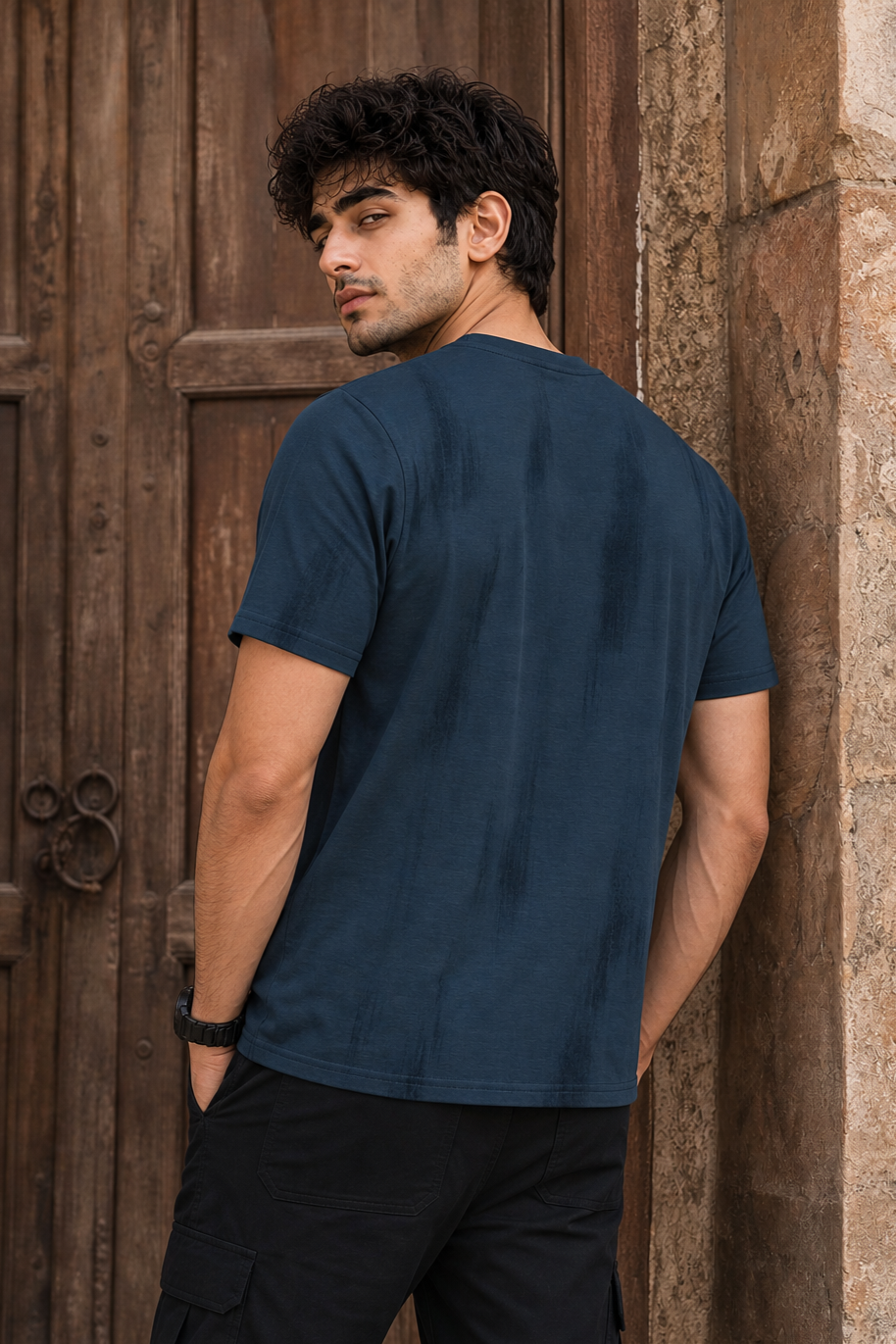 Men Blue Embossed Geometric Printed Round Neck T-Shirt ATL80207