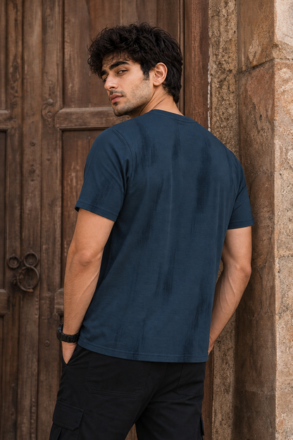 Men Blue Embossed Geometric Printed Round Neck T-Shirt ATL80207