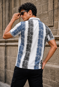 Men Blue & White Printed Tipped Collar Polo T-Shirt With Snap Buttons ATL86624