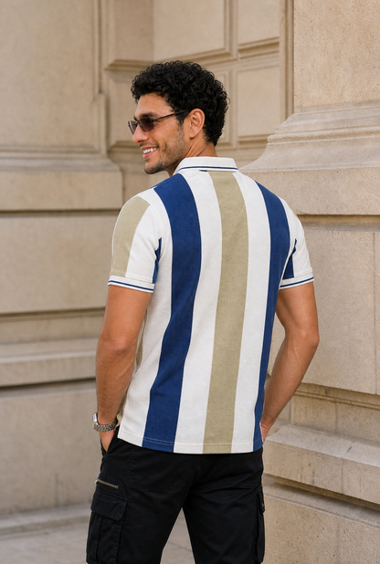 Men Blue, White & Pista Striped Snap Button Polo T-Shirt ATL9235