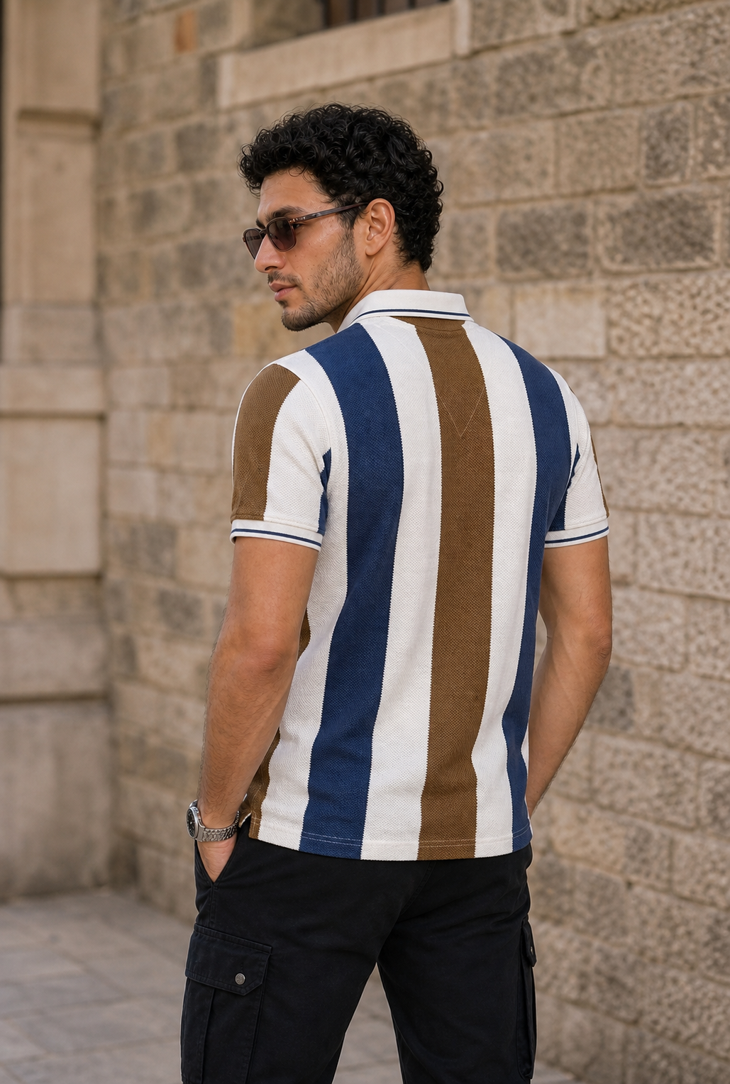 Men Blue, White & Coffee Striped Snap Button Polo T-Shirt ATL9235