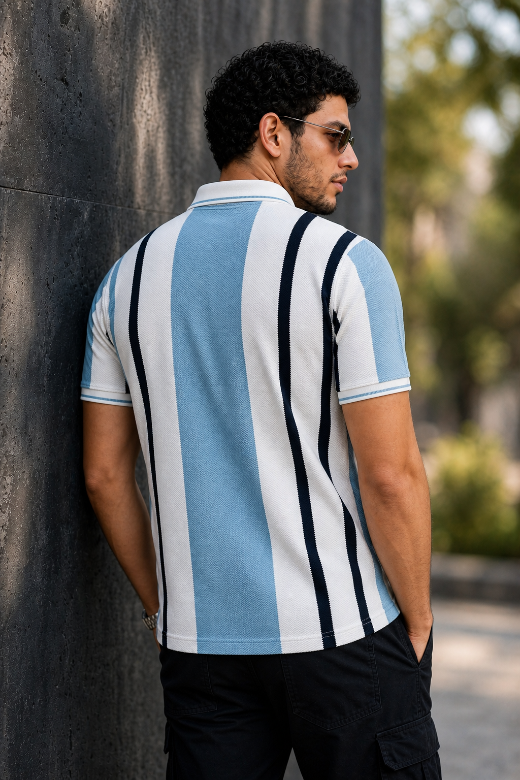 Men Blue & Black Striped Snap Button Polo T-Shirt ATL9244