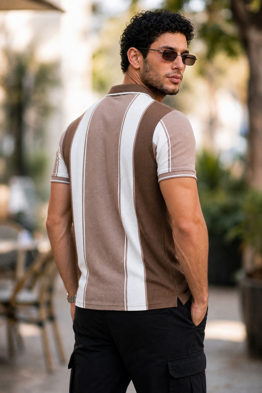Men Brown & White Striped Polo T-Shirt with Snap Buttons ATL9239