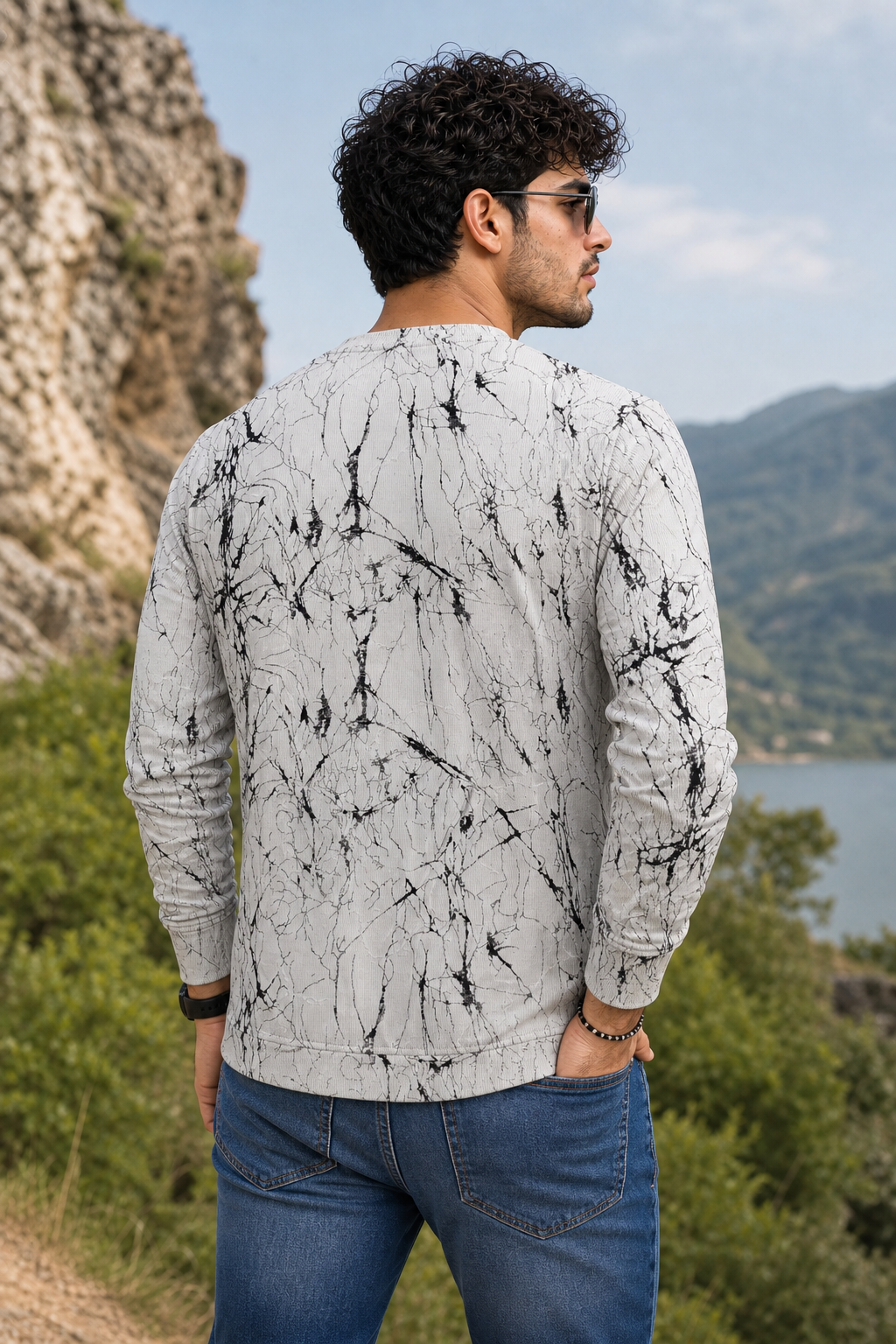Men White Marble Print Full Sleeve Sweatshirt ATL3023