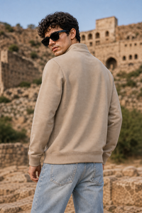 Men Beige Half-Zip Mock Neck Graphic Print Sweatshirt ATL3027