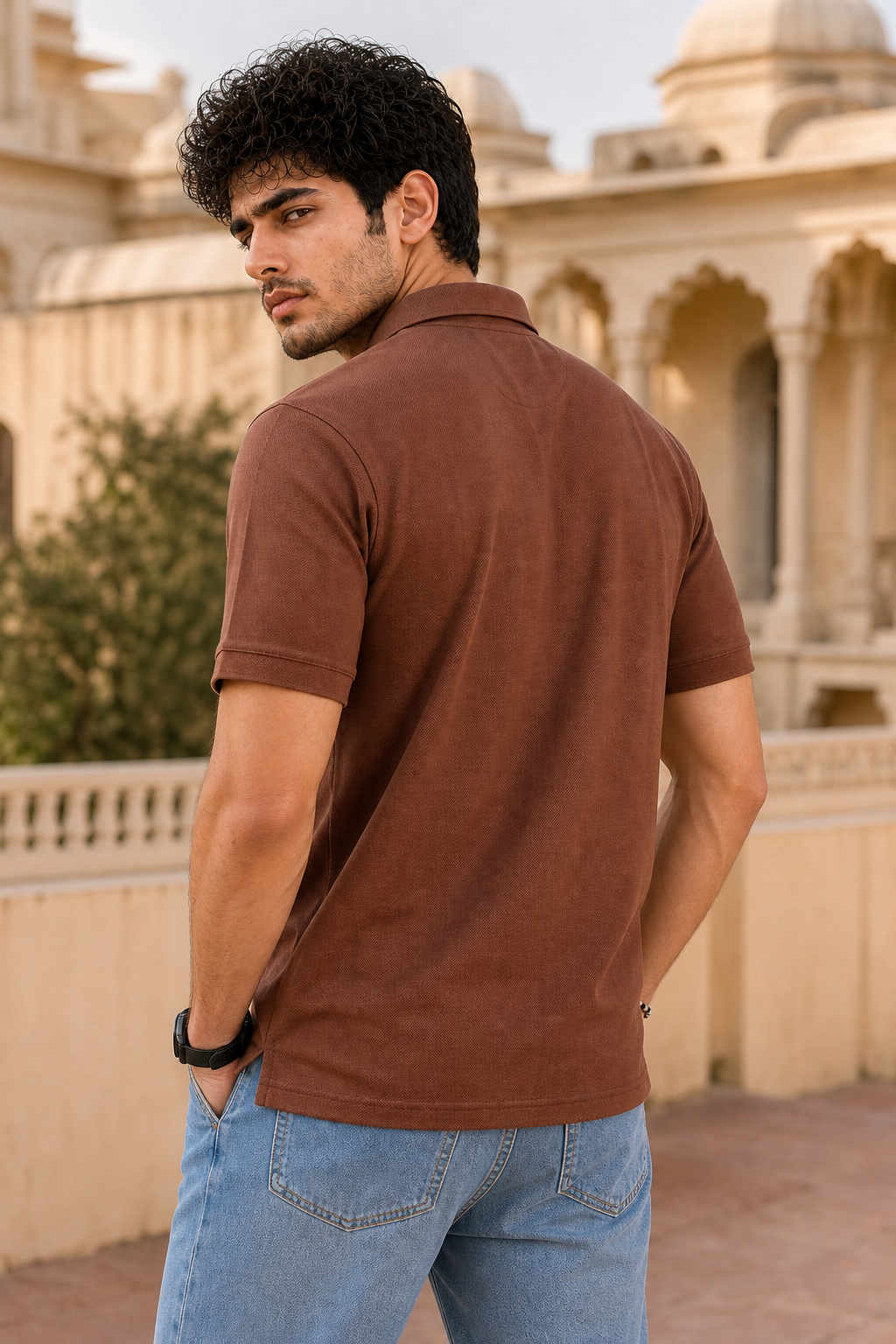 Men Coffee Korean Style Zipper Neck Polo T-Shirt ATL5771