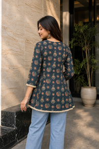 Women Blue Floral Printed Short Kurti 3/4 Sleeves - with Lace Border ATL1265
