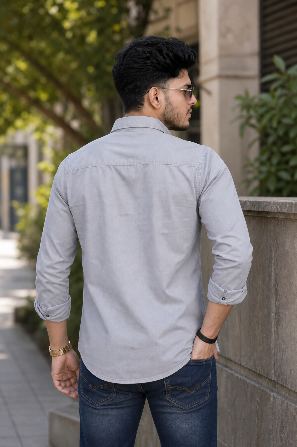Men Grey Double Pocket Casual Shirt | Snap Button Denim Shirt