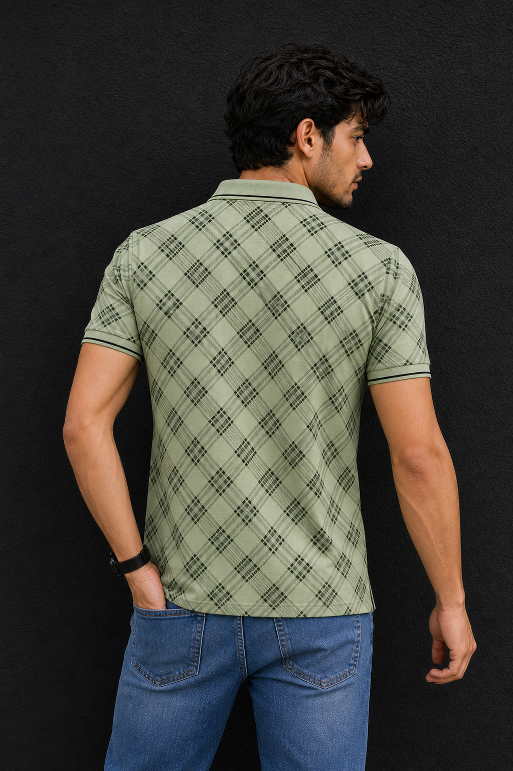 Men Green Checked Polo Tshirt - Half Sleeve 119