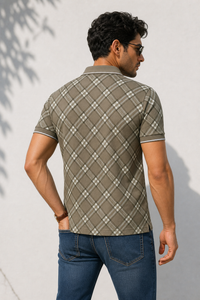 Men Olive Checked Polo Tshirt - Half Sleeve 119