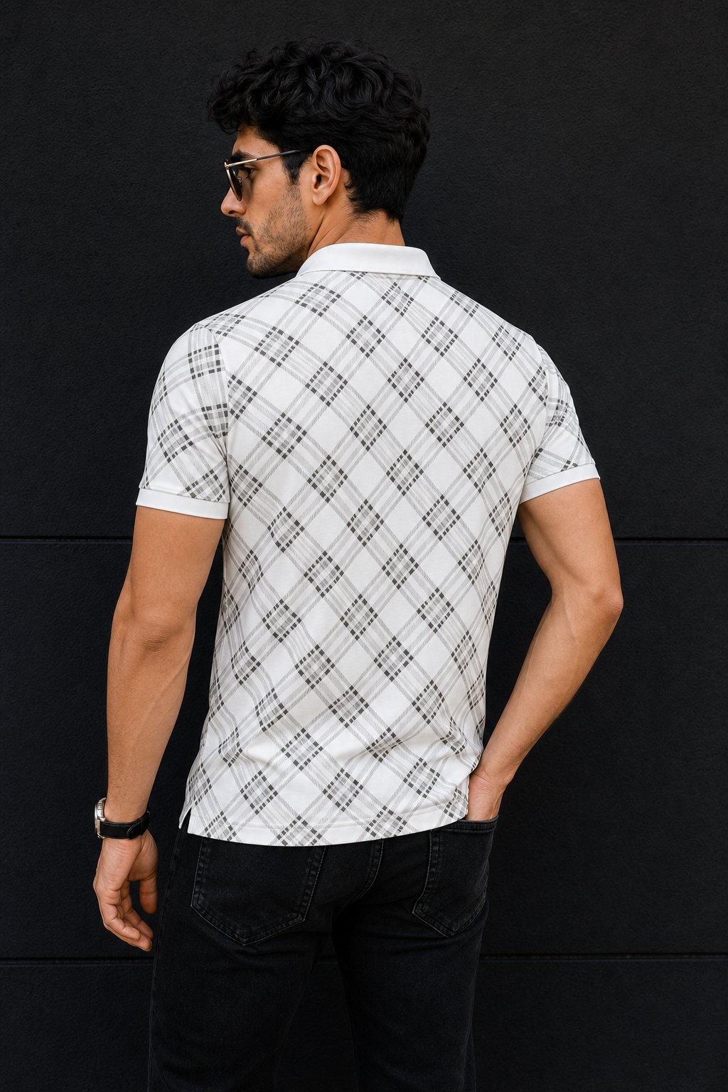 Men White Checked Polo Tshirt - Half Sleeve 119