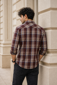 Men Coffee & Blue Checked Shirt - Full Sleeve KEV-597-14