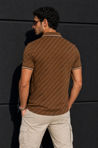 Men Premium Coffee Striped Polo T-Shirt with Snap Buttons 144