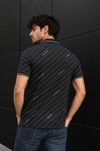 Men Premium Black Striped Polo T-Shirt with Snap Buttons 144