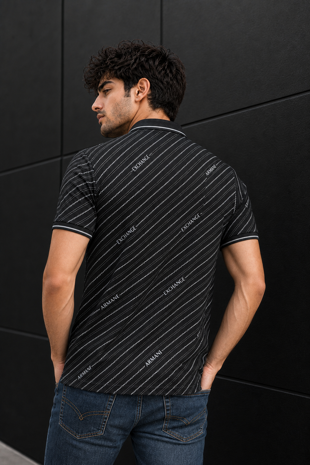 Men Premium Black Striped Polo T-Shirt with Snap Buttons 144