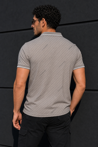 Men Premium Grey Striped Polo T-Shirt with Snap Buttons 144