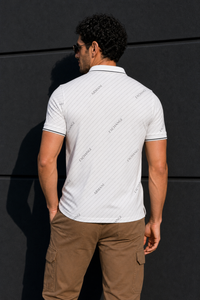 Men Premium White Striped Polo T-Shirt with Snap Buttons 144