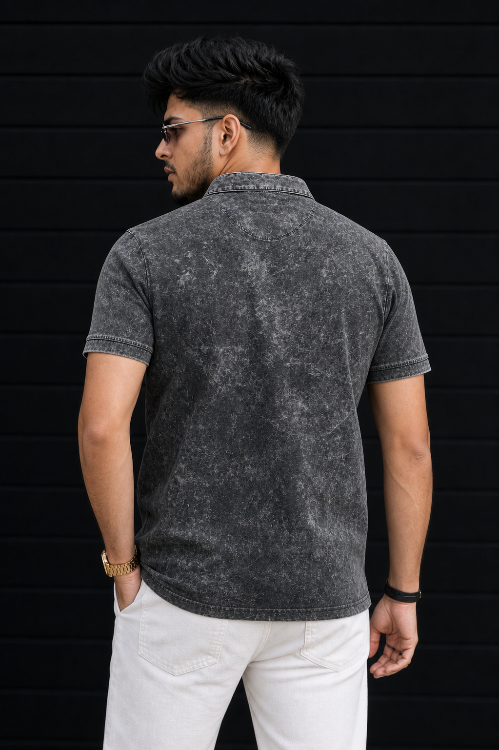 Men Black Acid Washed Henley Neck T-Shirt - Slim Fit 305