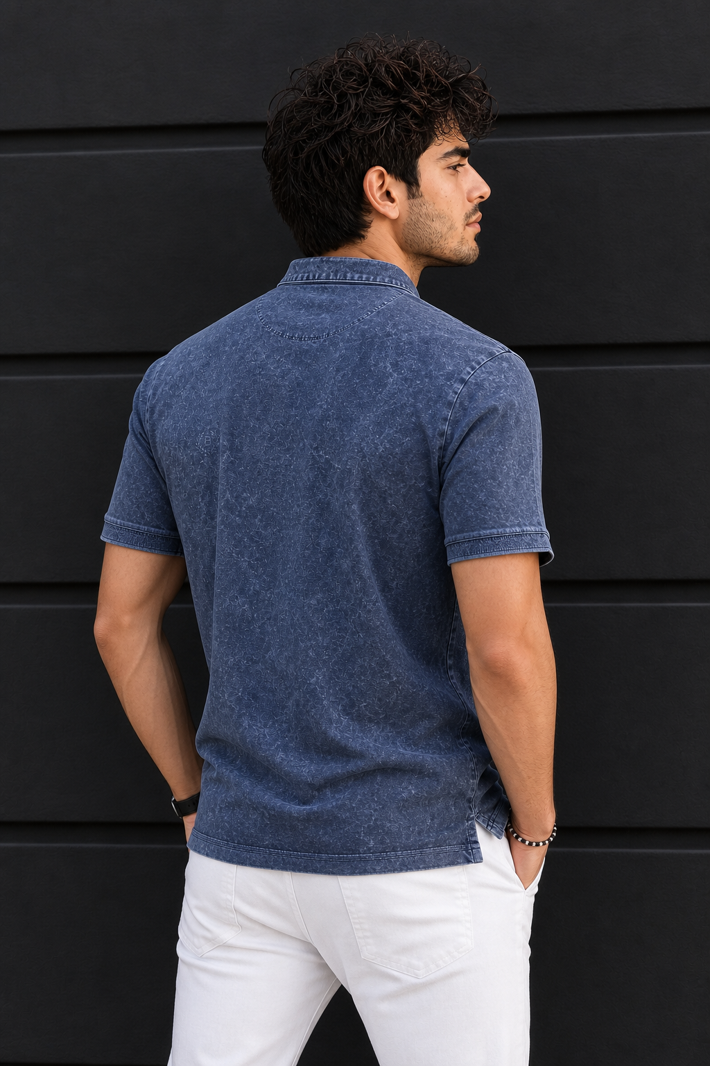Men Blue Acid Washed Henley Neck T-Shirt - Slim Fit 305