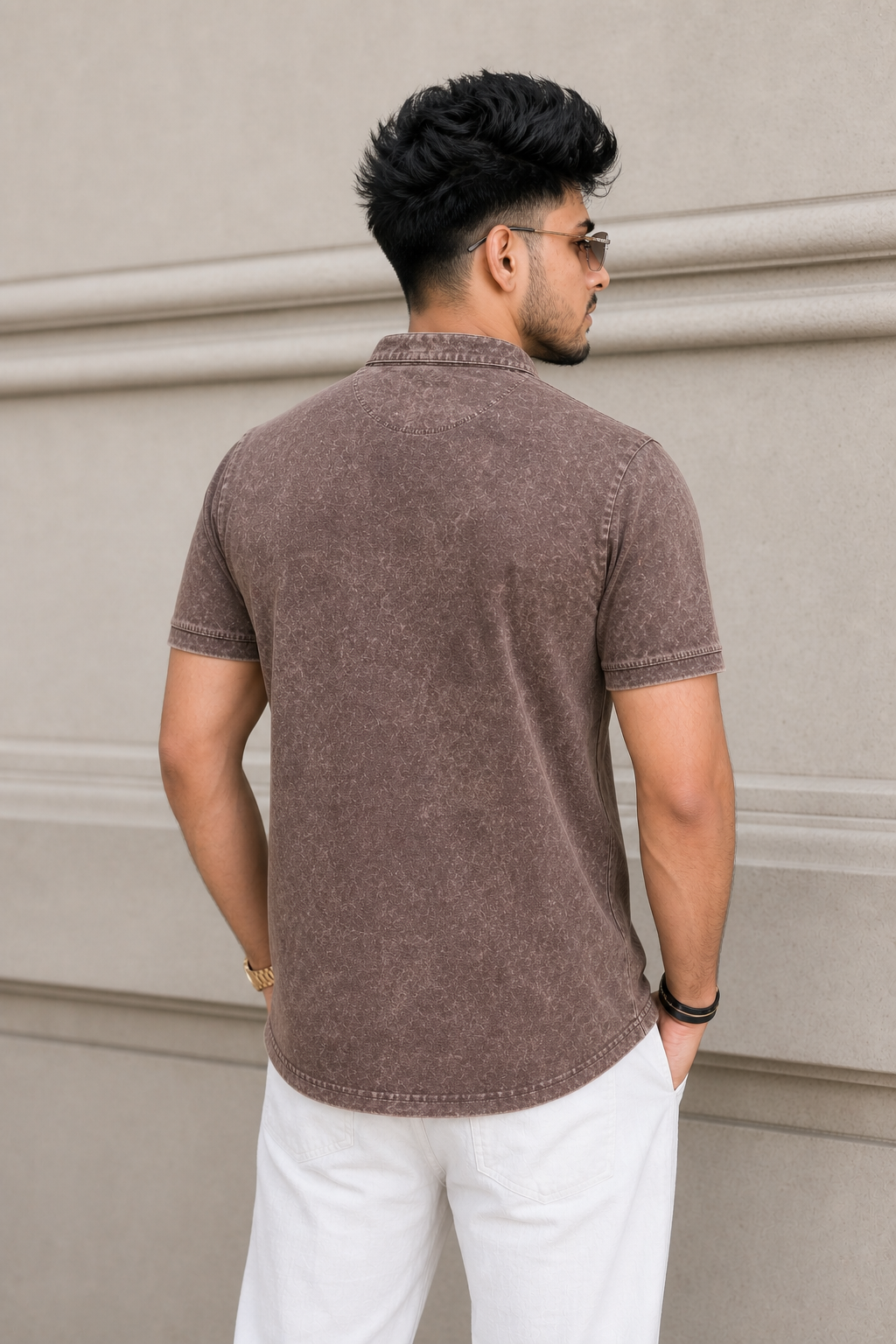 Men Brown Acid Washed Henley Neck T-Shirt - Slim Fit 305