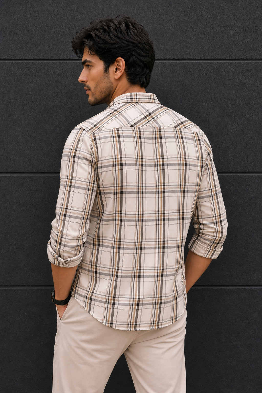 Men White & Beige Plaid Shirt | Long-Sleeve KEV-597-8
