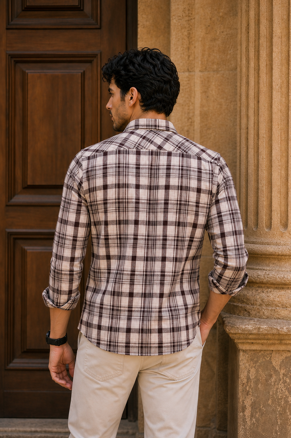 Men White Plaid Button-Up Shirt – Wine Check Long Sleeve KEV-597-8