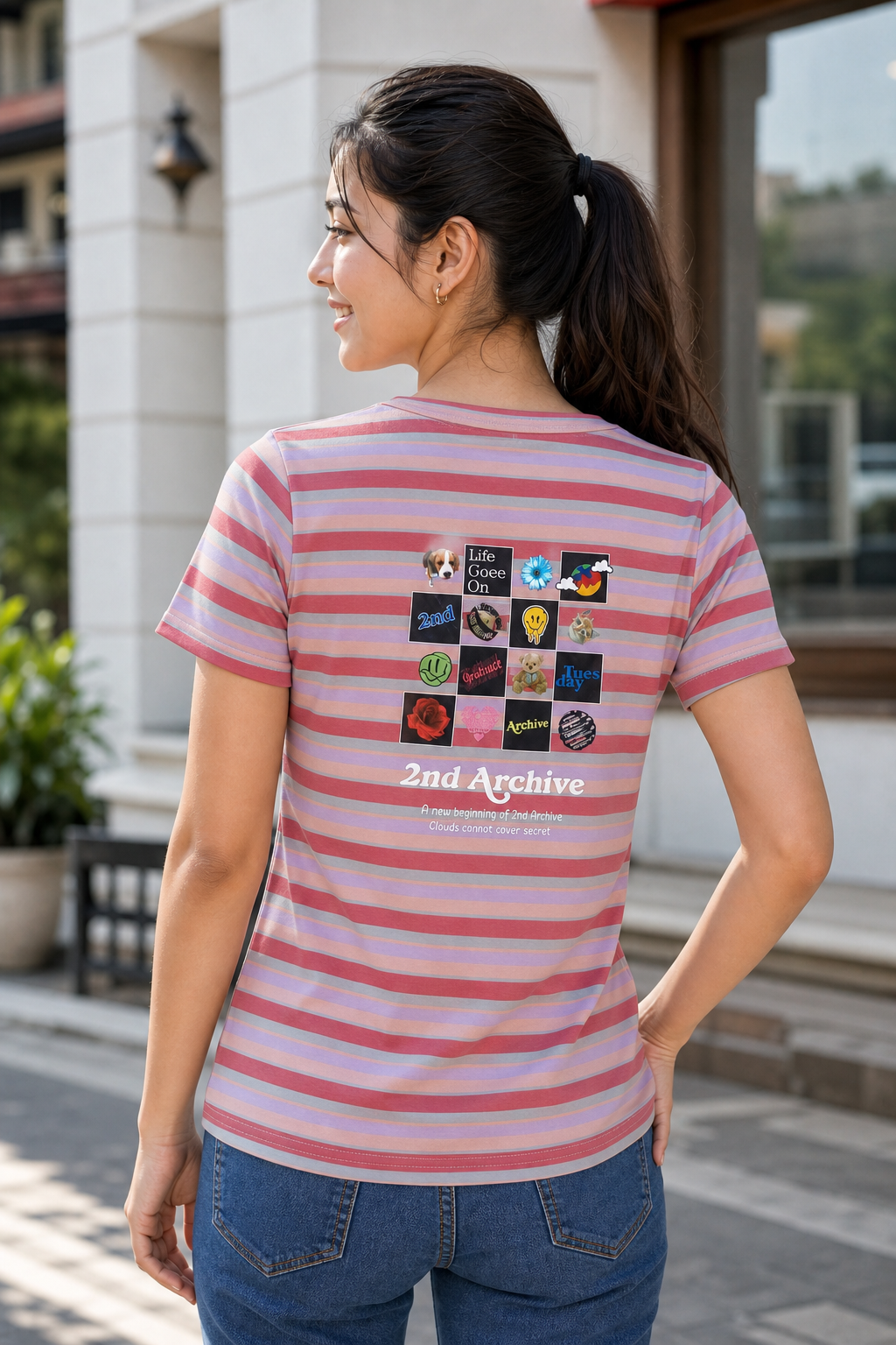 Women Lavender Striped Short Sleeve T-Shirt M-7356-14