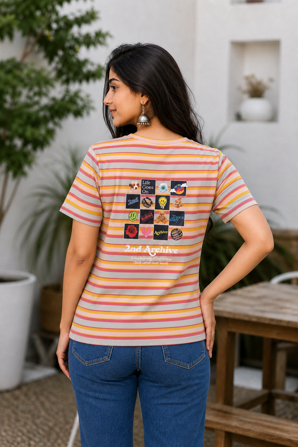 Women Peach Striped Short Sleeve T-Shirt M-7356-14