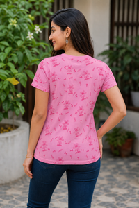 Women Pink Cherry Blossom Print T-Shirt Short Sleeves M-7266-23