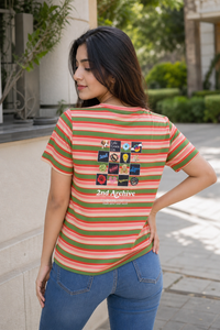 Women Orange Striped Short Sleeve T-Shirt M-7356-14