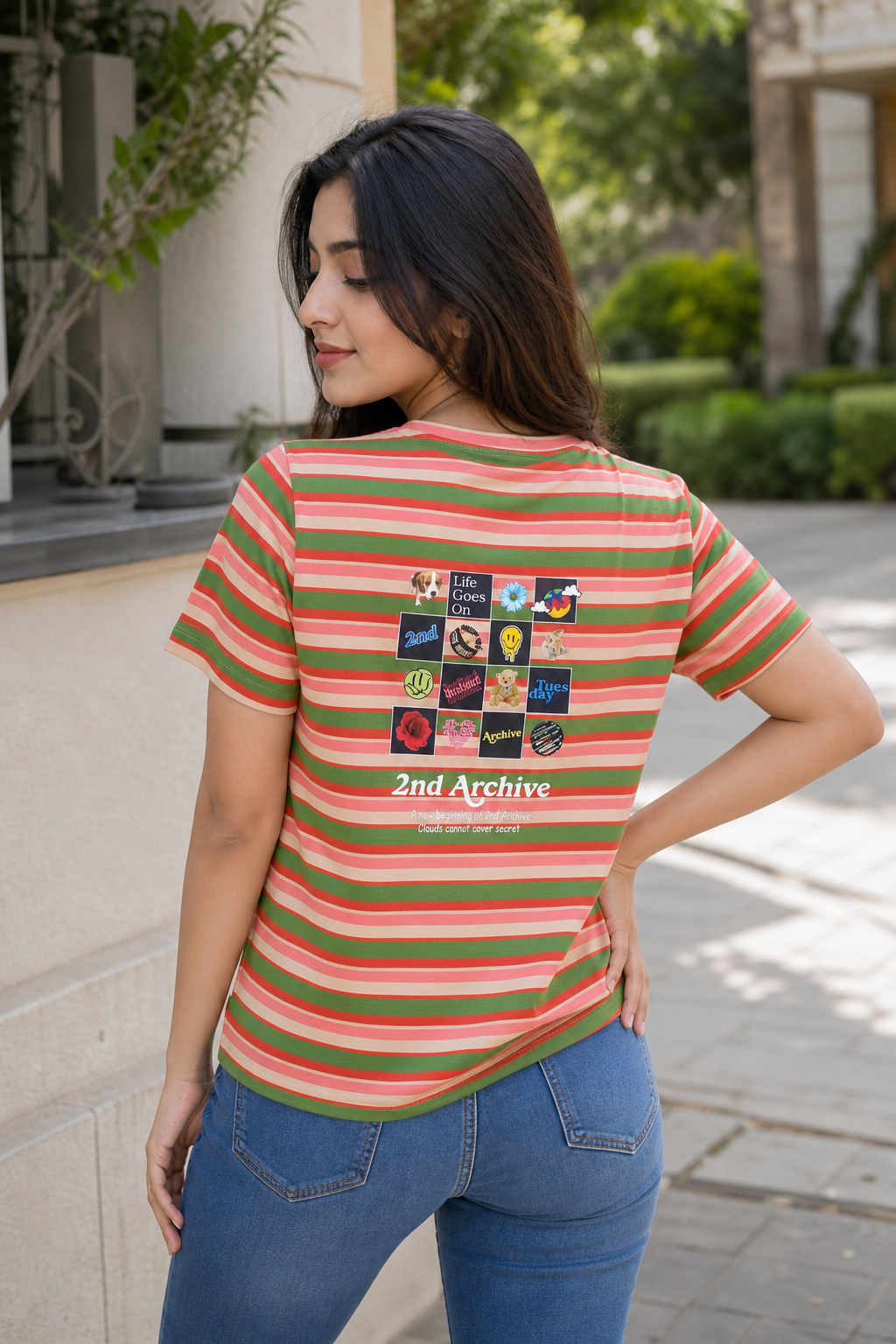 Women Orange Striped Short Sleeve T-Shirt M-7356-14