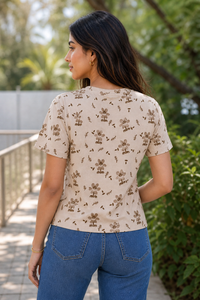 Women Fawn and Brown Cherry Blossom Print T-Shirt Short Sleeves M-7266-23