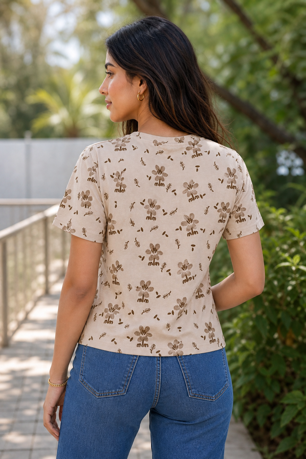 Women Fawn and Brown Cherry Blossom Print T-Shirt Short Sleeves M-7266-23