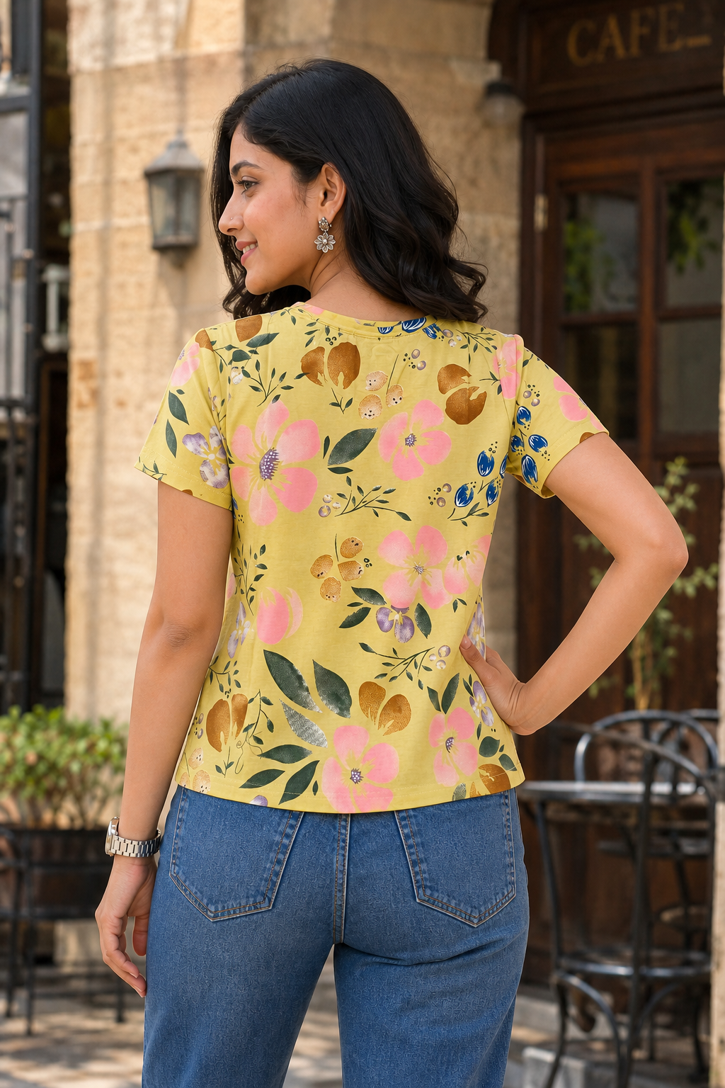 Women Yellow Floral Print Round Neck T-Shirt M-7236-13
