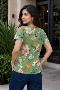 Women Green Floral Print Round Neck T-Shirt M-7236-13