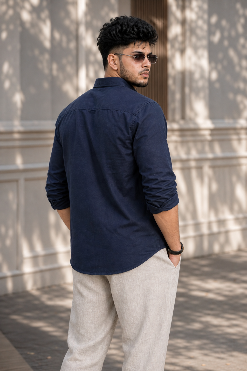 Men Solid Navy Blue Premium Cotton Long Sleeve Shirt GIZA
